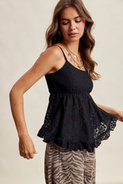 Rosaline Floral Lace Peplum Cami in Black, photo 1
