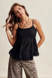Rosaline Floral Lace Peplum Cami in Black, photo 4