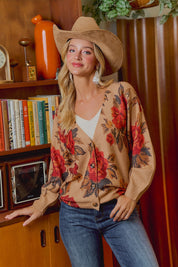 Rose Garden Floral Knit Cardigan - Latte Rust