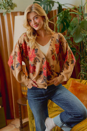 Rose Garden Floral Knit Cardigan - Latte Rust