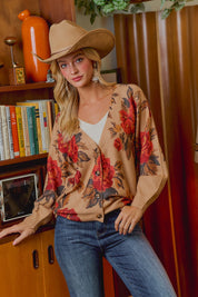 Rose Garden Floral Knit Cardigan - Latte Rust