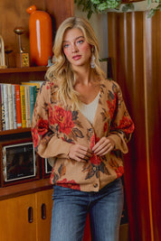 Rose Garden Floral Knit Cardigan - Latte Rust