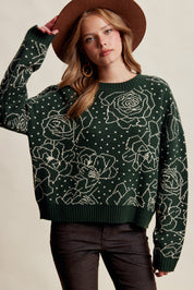 Rosehaven Floral Intarsia Sweater - Dark Green