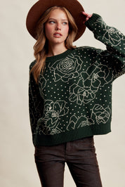 Rosehaven Floral Intarsia Sweater - Dark Green