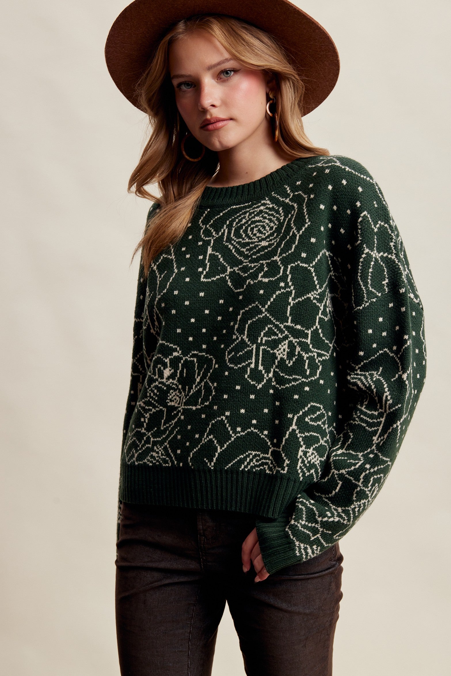 Rosehaven Floral Intarsia Sweater - Dark Green