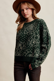 Rosehaven Floral Intarsia Sweater - Dark Green