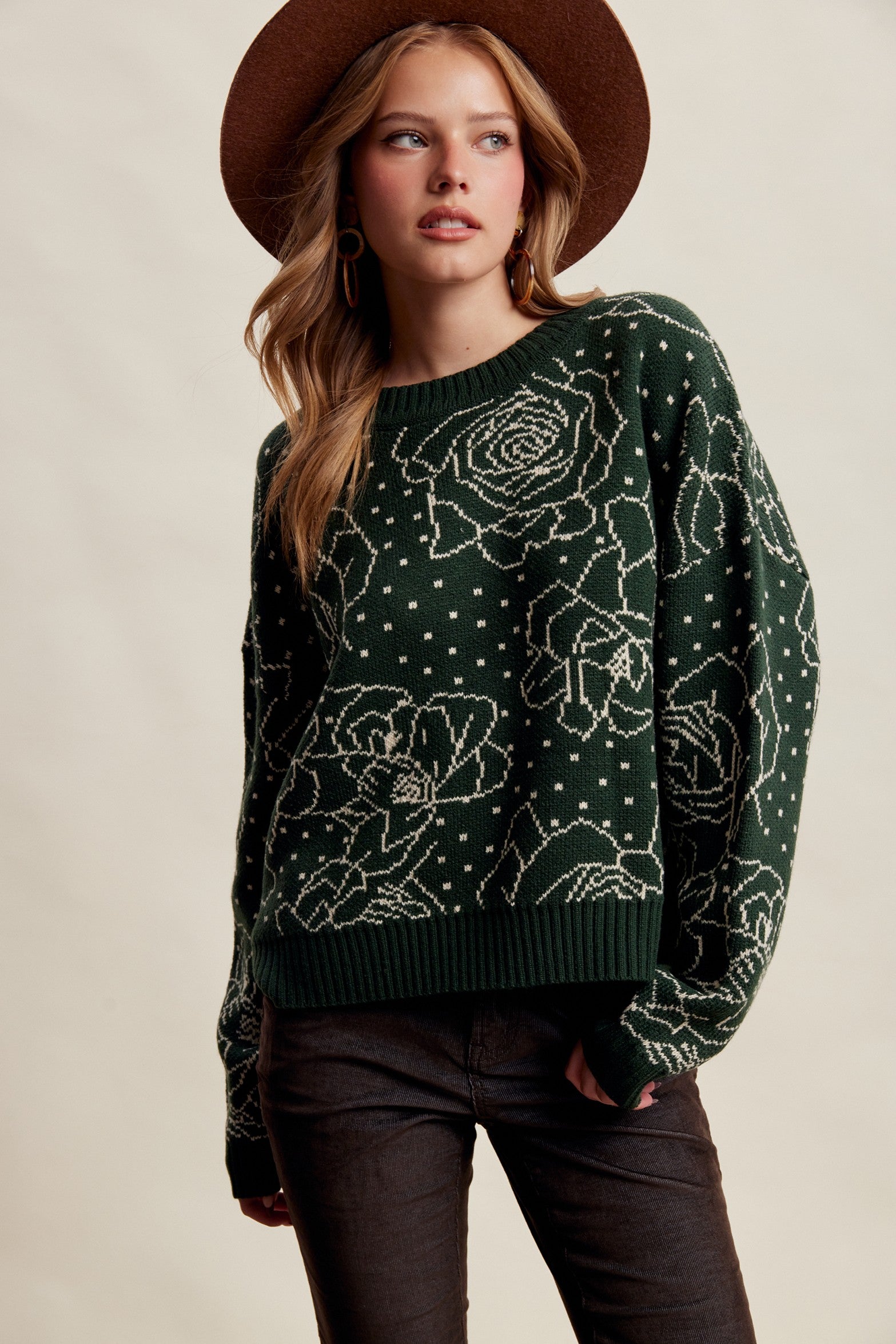 Rosehaven Floral Intarsia Sweater - Dark Green