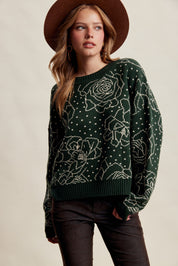 Rosehaven Floral Intarsia Sweater - Dark Green