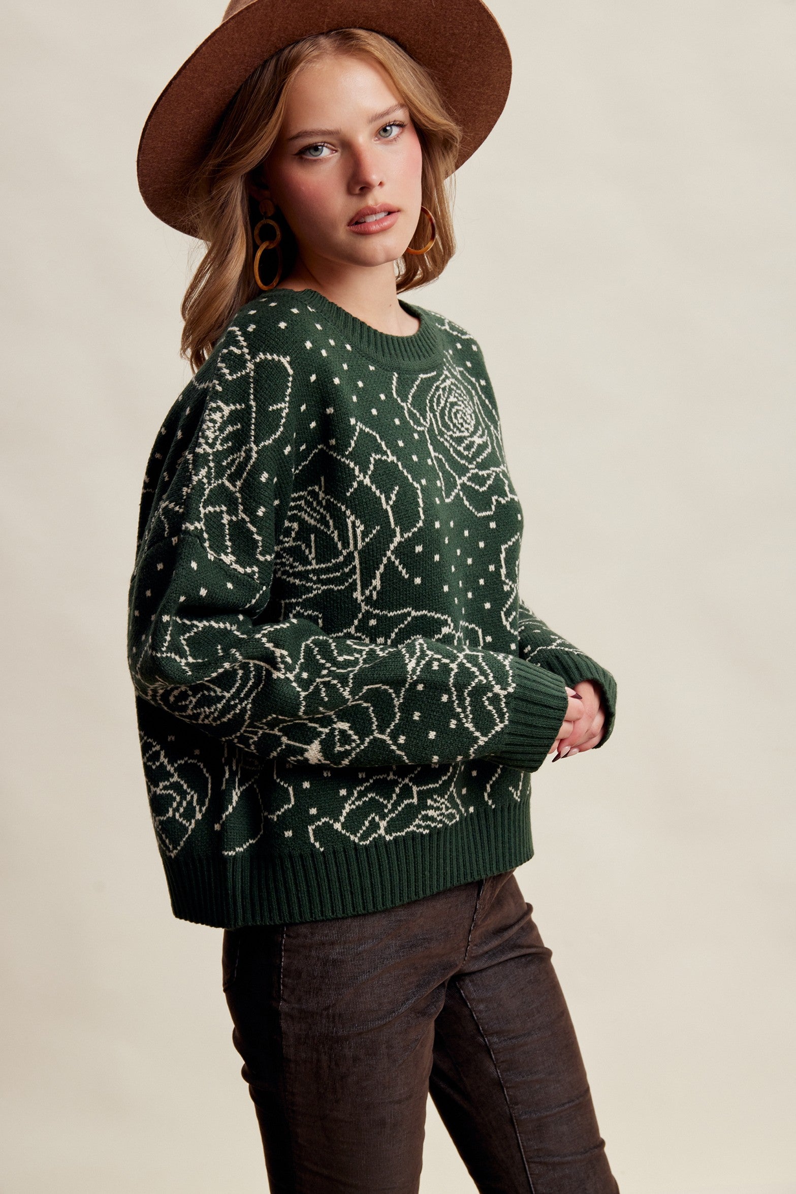 Rosehaven Floral Intarsia Sweater - Dark Green