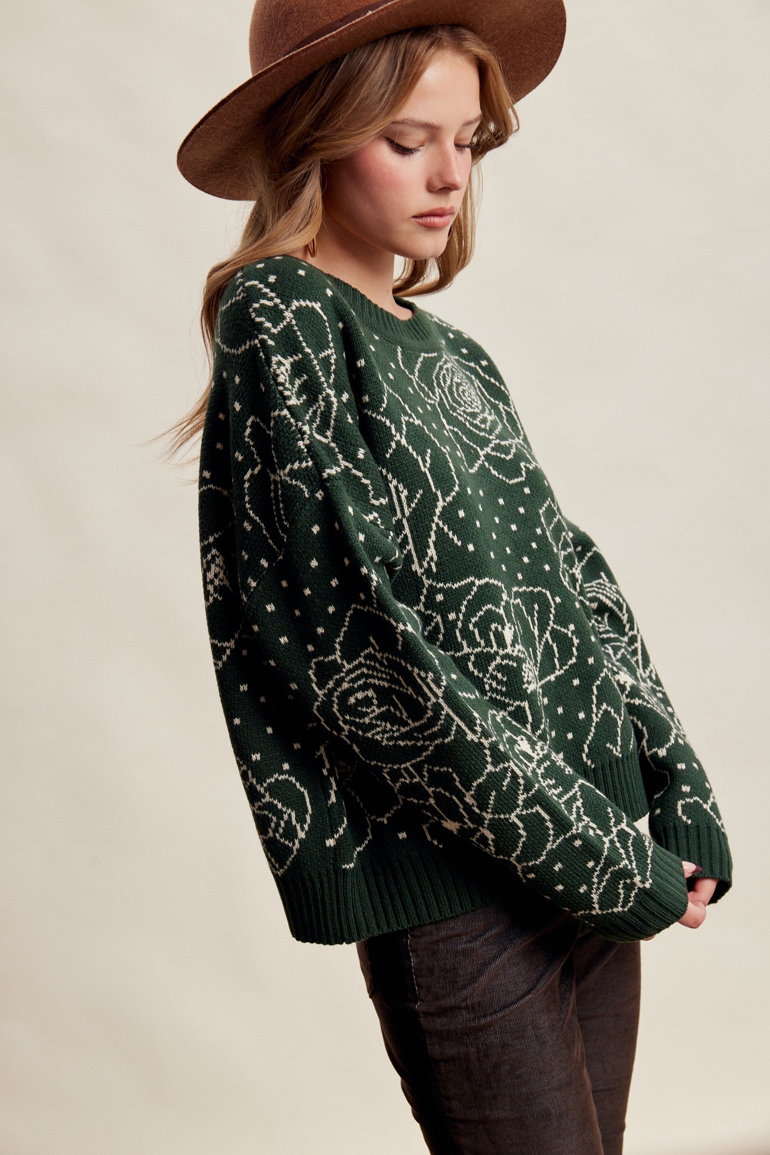 Rosehaven Floral Intarsia Sweater - Dark Green