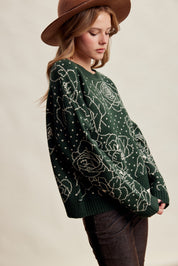Rosehaven Floral Intarsia Sweater - Dark Green