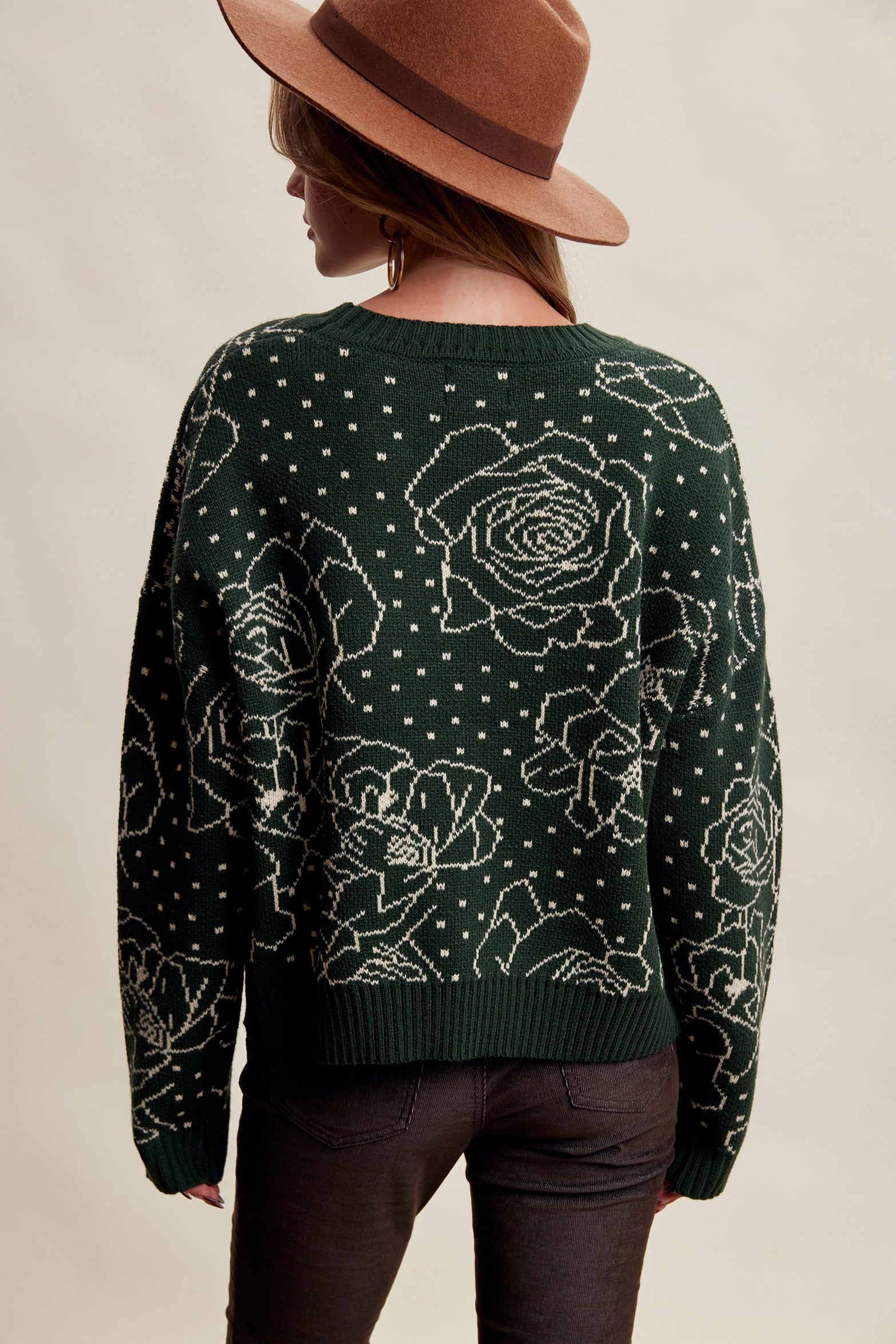 Rosehaven Floral Intarsia Sweater - Dark Green