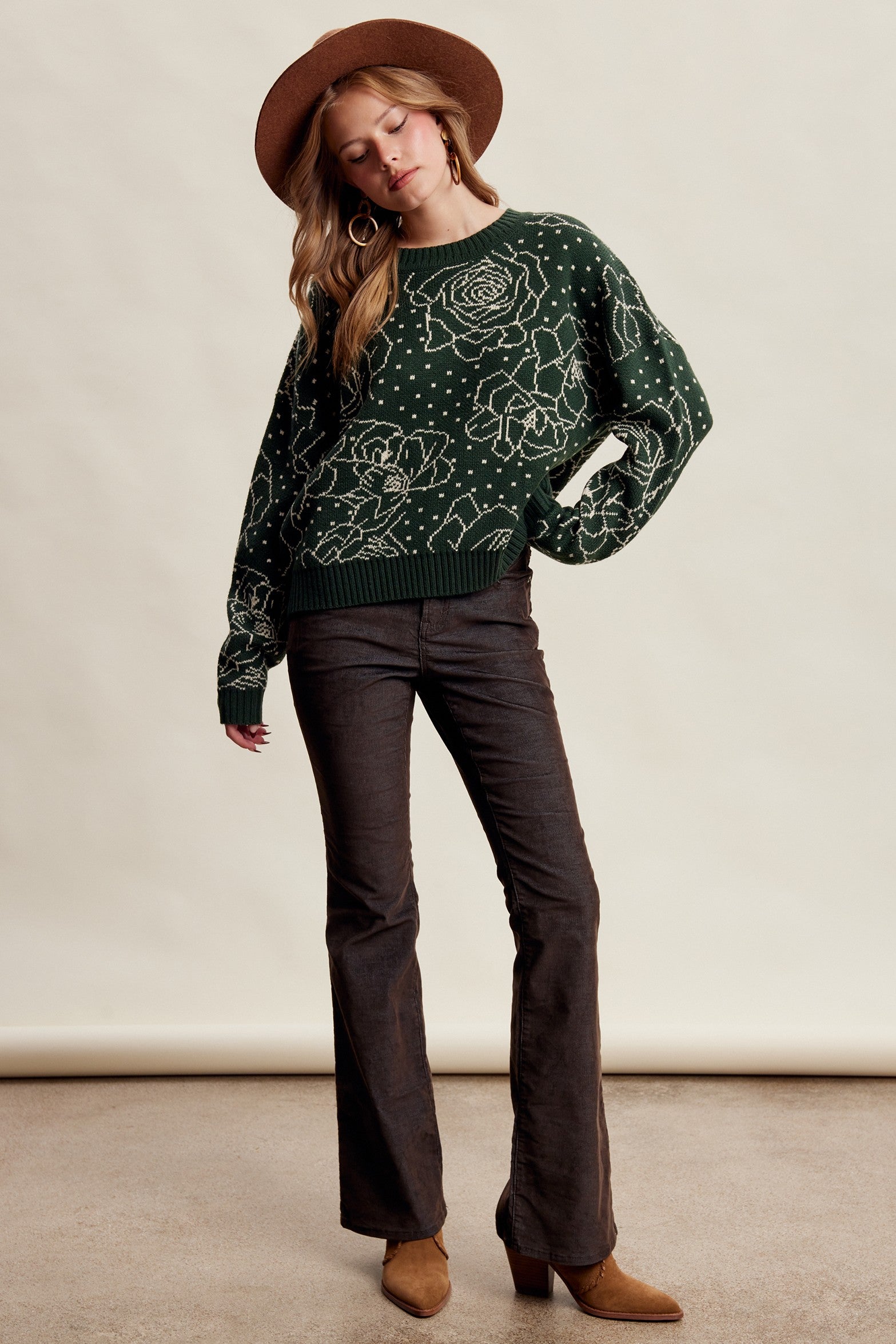 Rosehaven Floral Intarsia Sweater - Dark Green