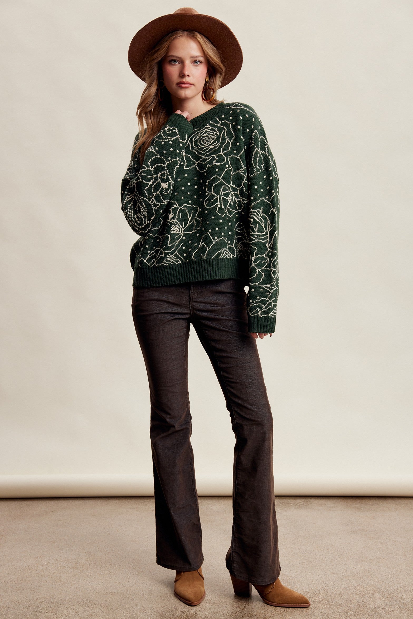 Rosehaven Floral Intarsia Sweater - Dark Green