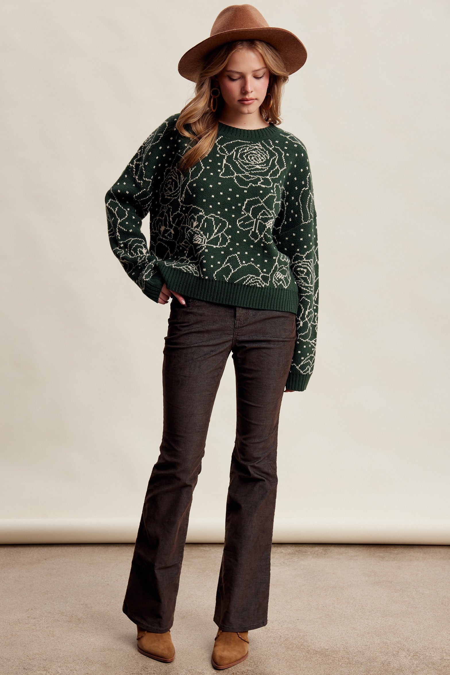 Rosehaven Floral Intarsia Sweater - Dark Green