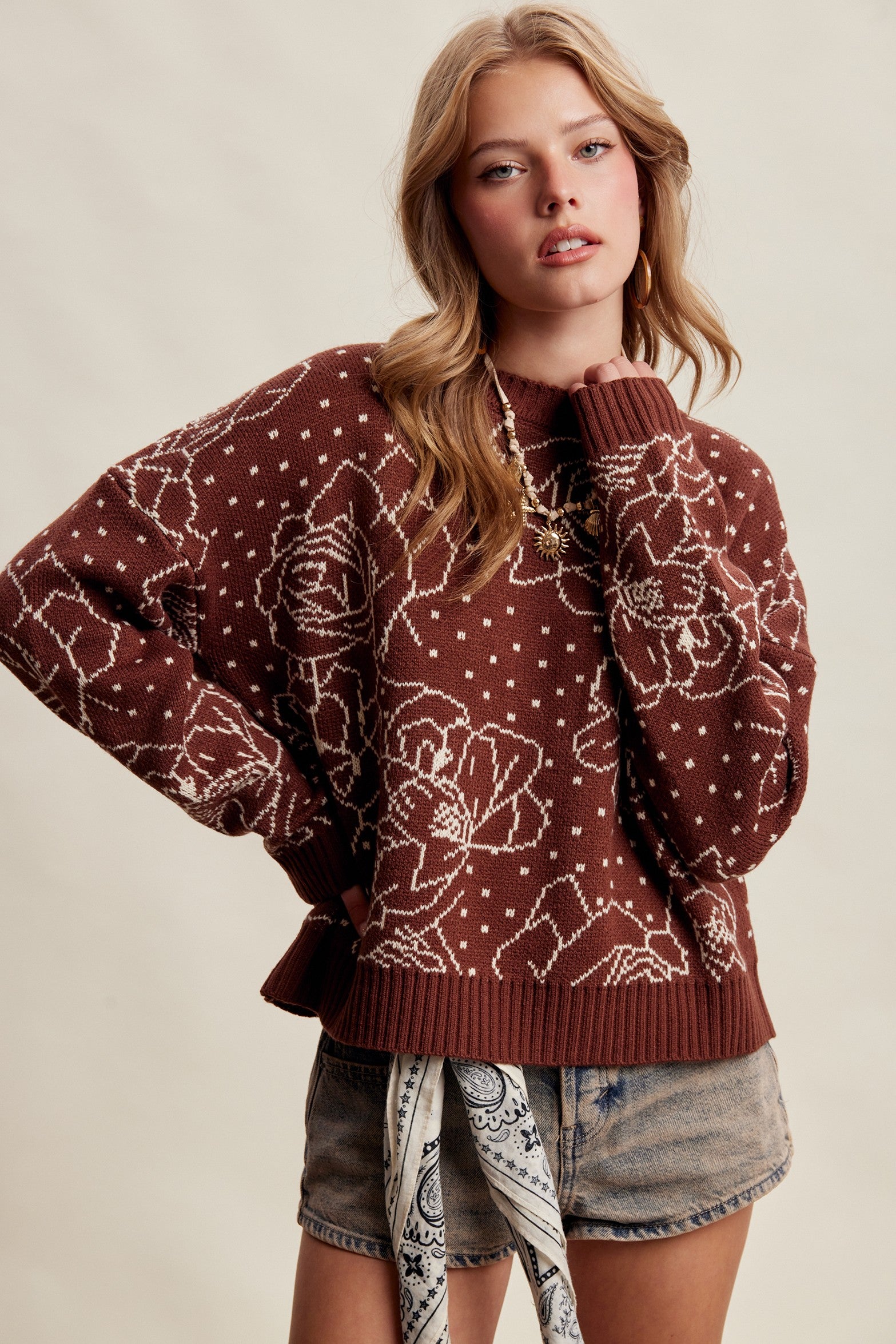Rosehaven Floral Intarsia Sweater - Mocha