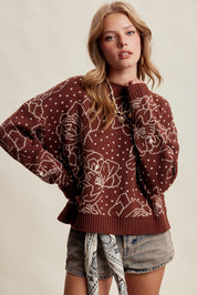 Rosehaven Floral Intarsia Sweater - Mocha