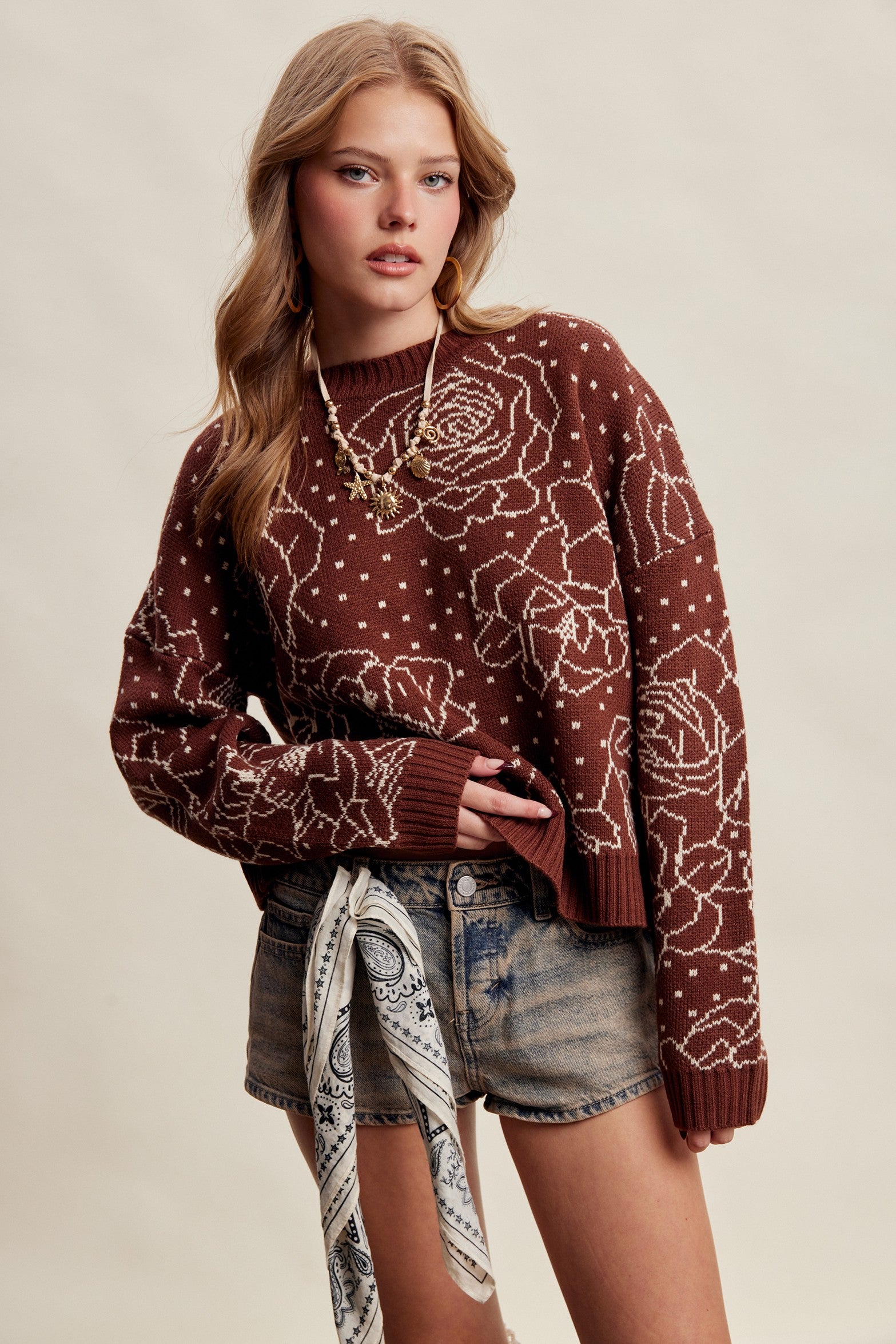 Rosehaven Floral Intarsia Sweater - Mocha
