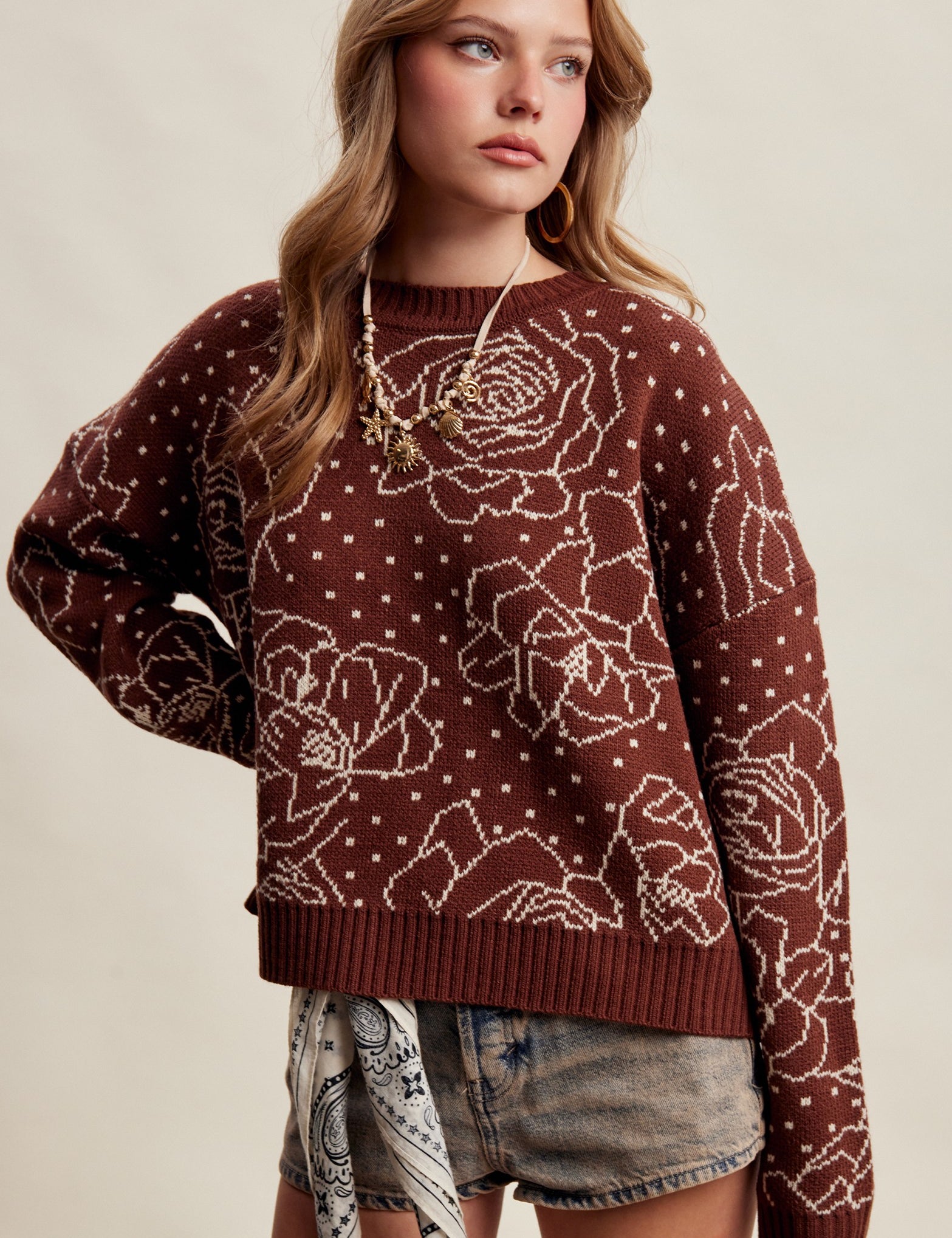 Rosehaven Floral Intarsia Sweater - Mocha