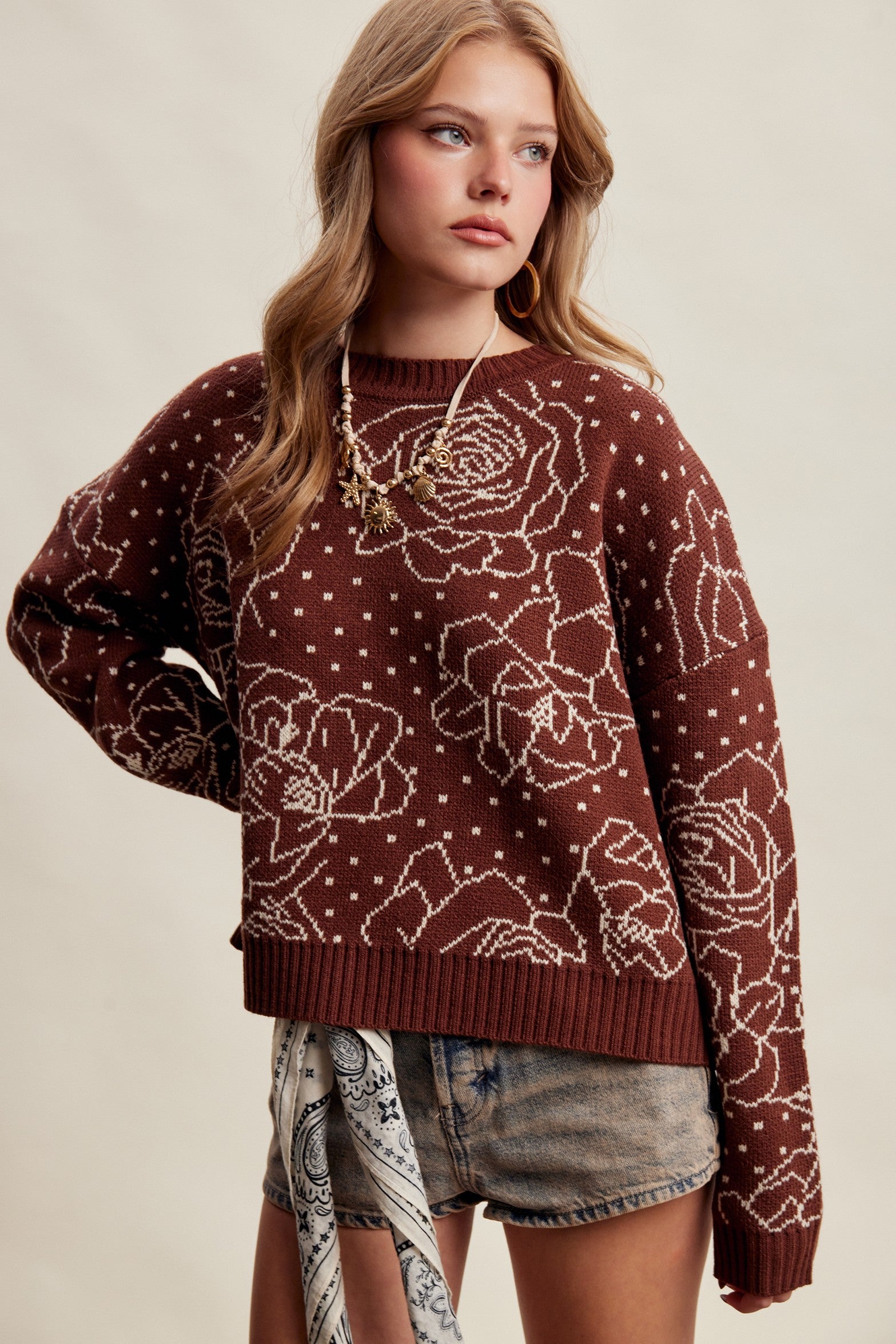 Rosehaven Floral Intarsia Sweater - Mocha