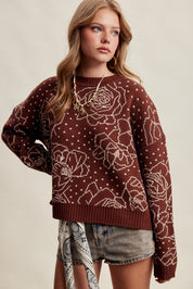 Rosehaven Floral Intarsia Sweater - Mocha