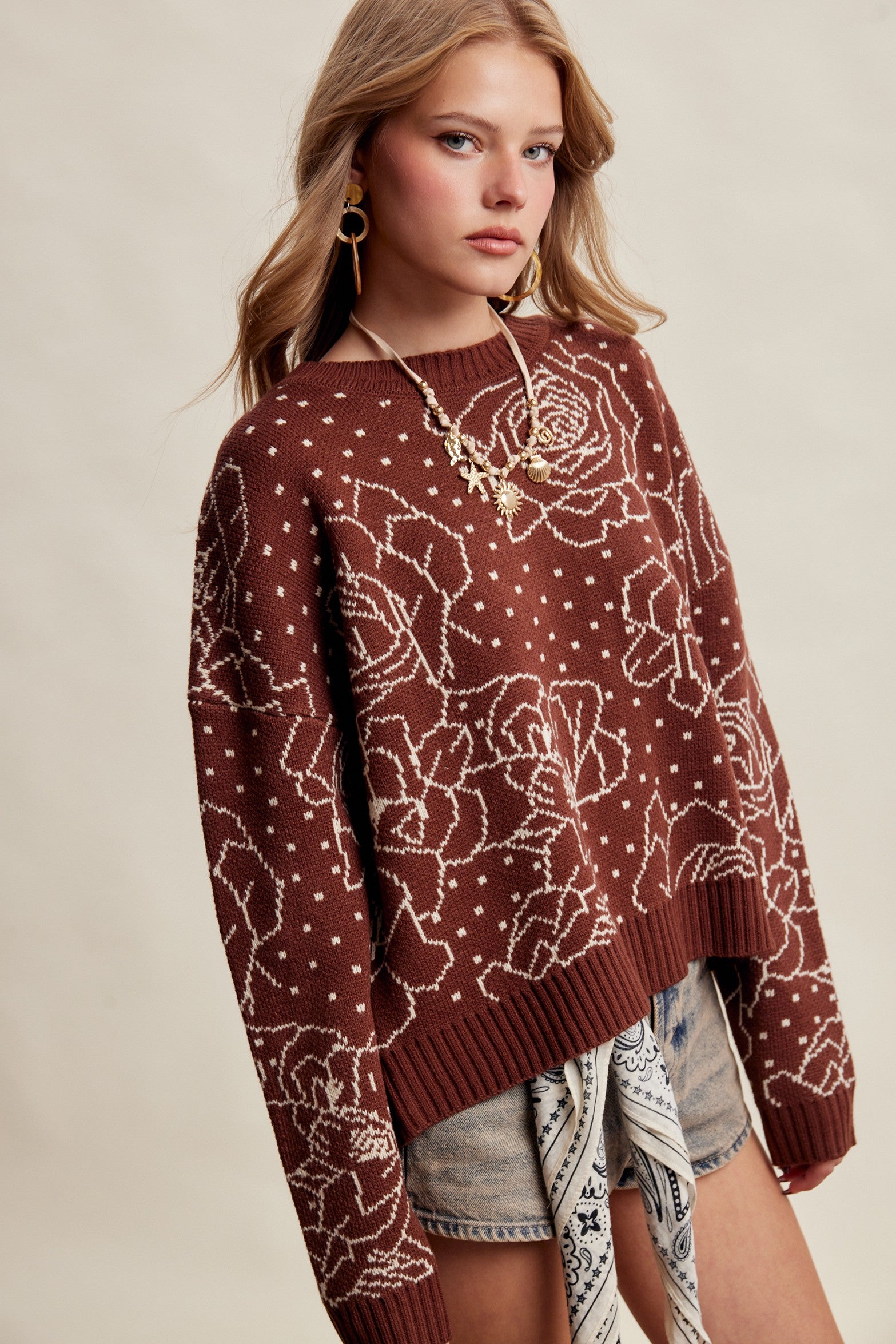Rosehaven Floral Intarsia Sweater - Mocha
