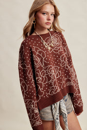 Rosehaven Floral Intarsia Sweater - Mocha