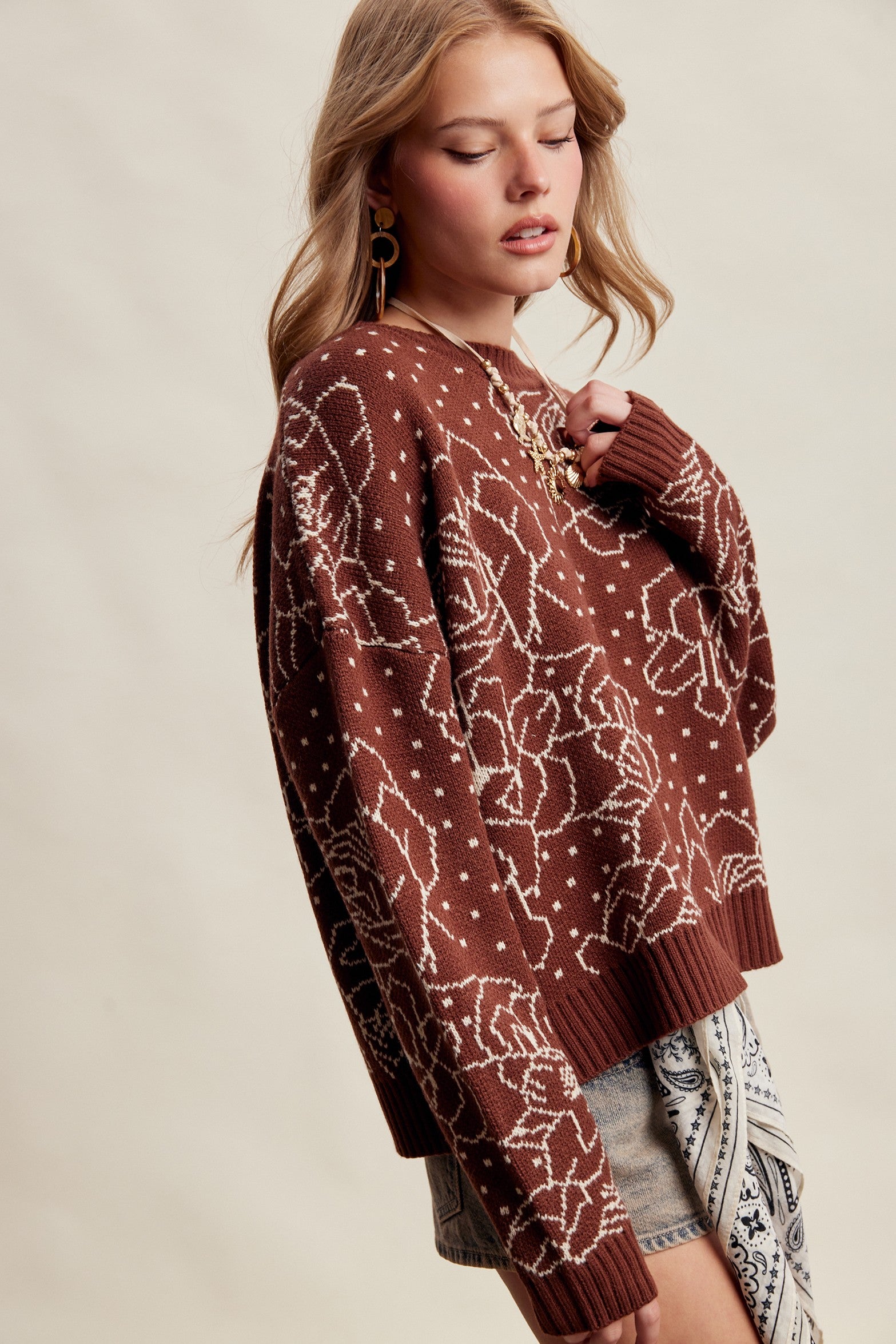 Rosehaven Floral Intarsia Sweater - Mocha