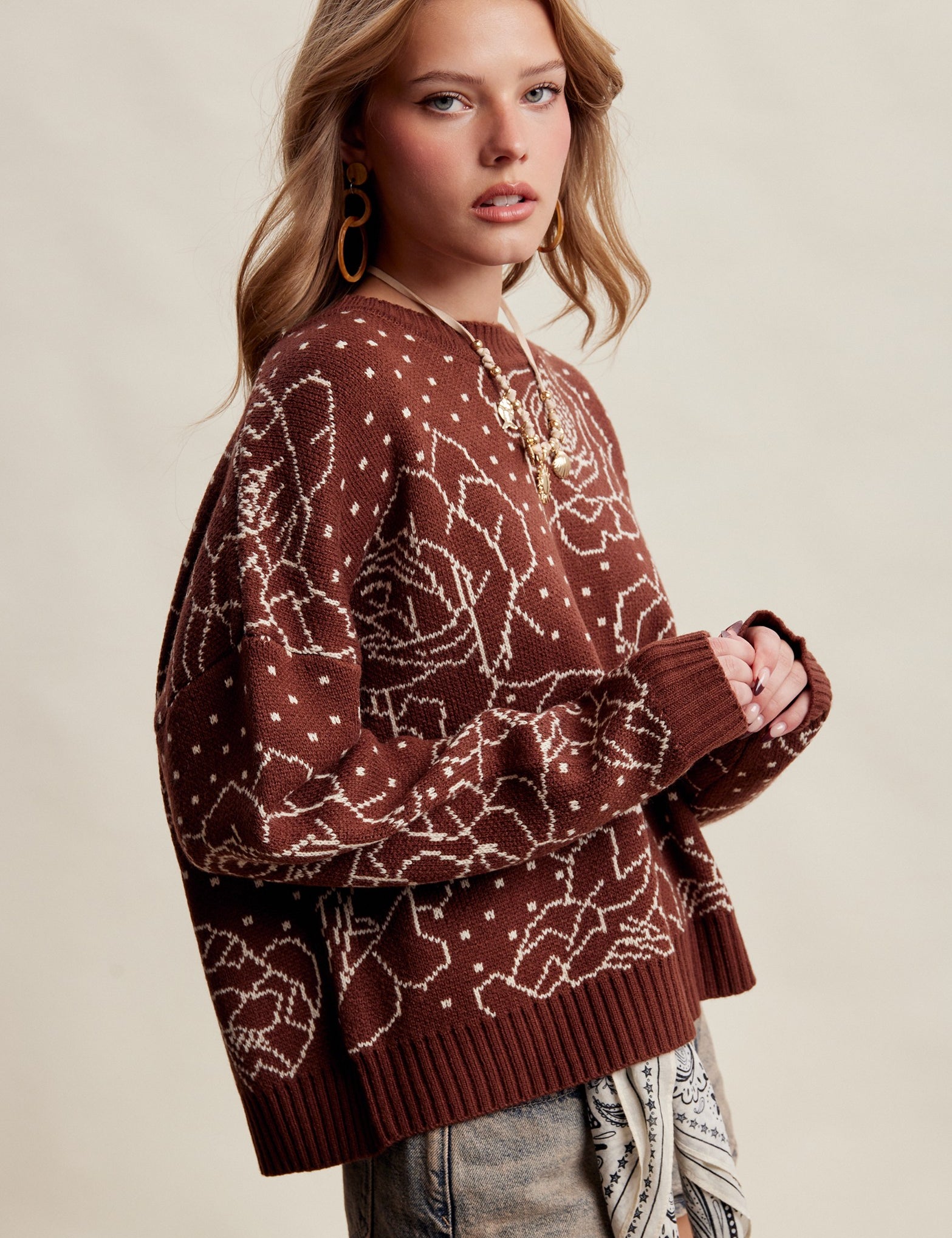 Rosehaven Floral Intarsia Sweater - Mocha