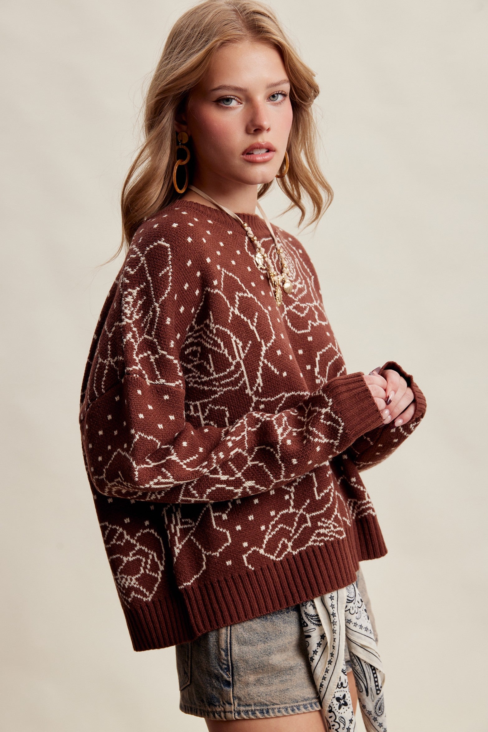 Rosehaven Floral Intarsia Sweater - Mocha
