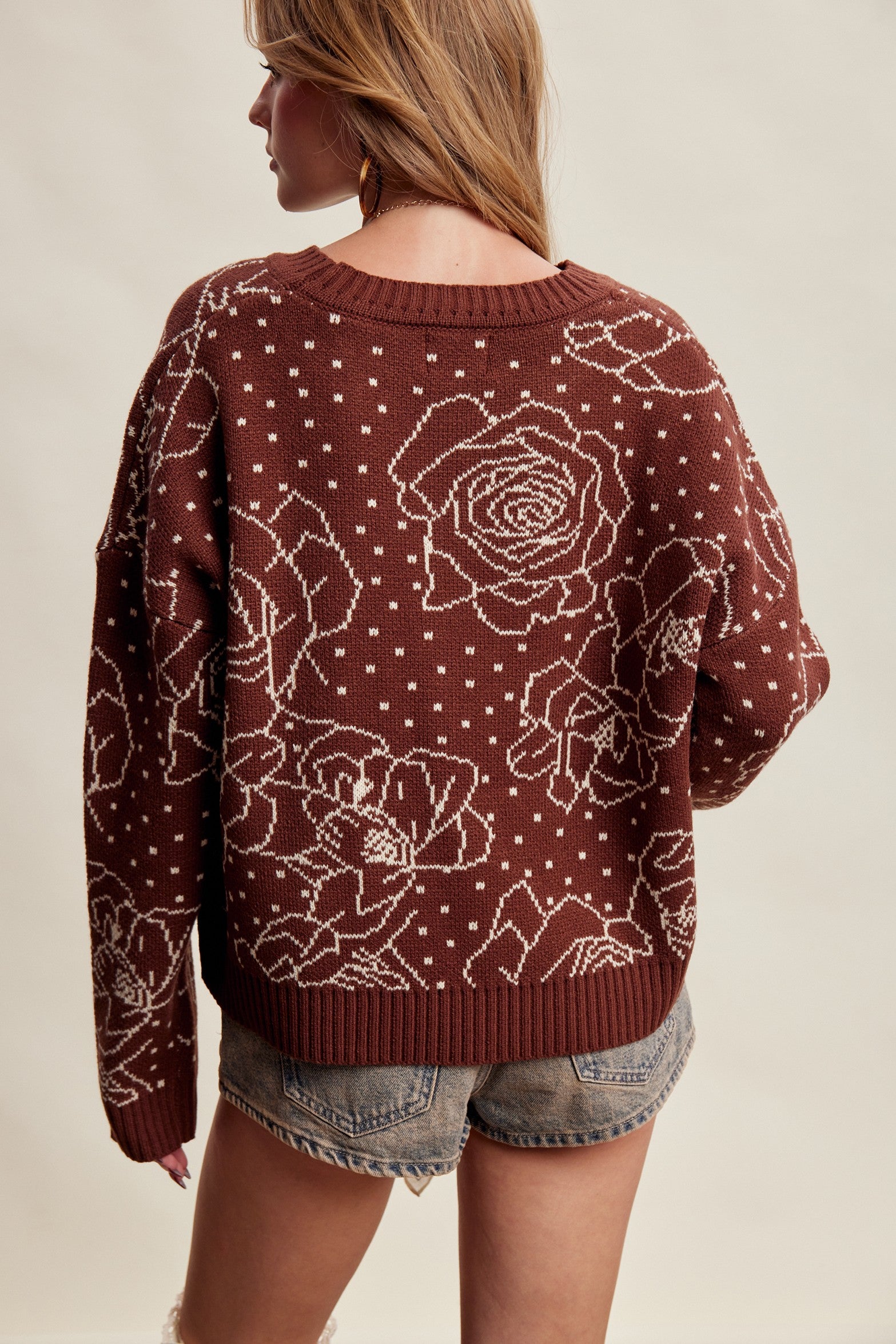 Rosehaven Floral Intarsia Sweater - Mocha