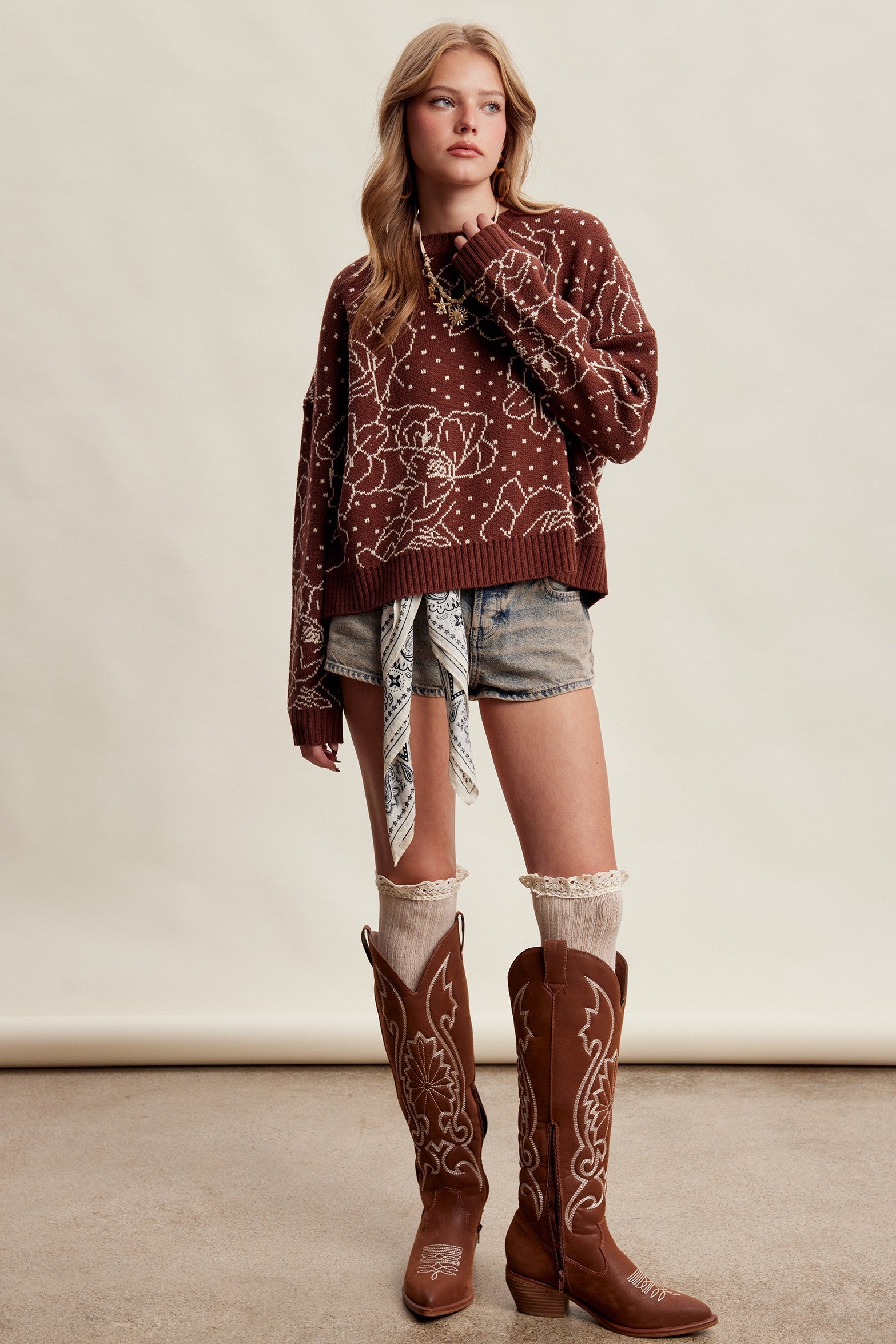 Rosehaven Floral Intarsia Sweater - Mocha