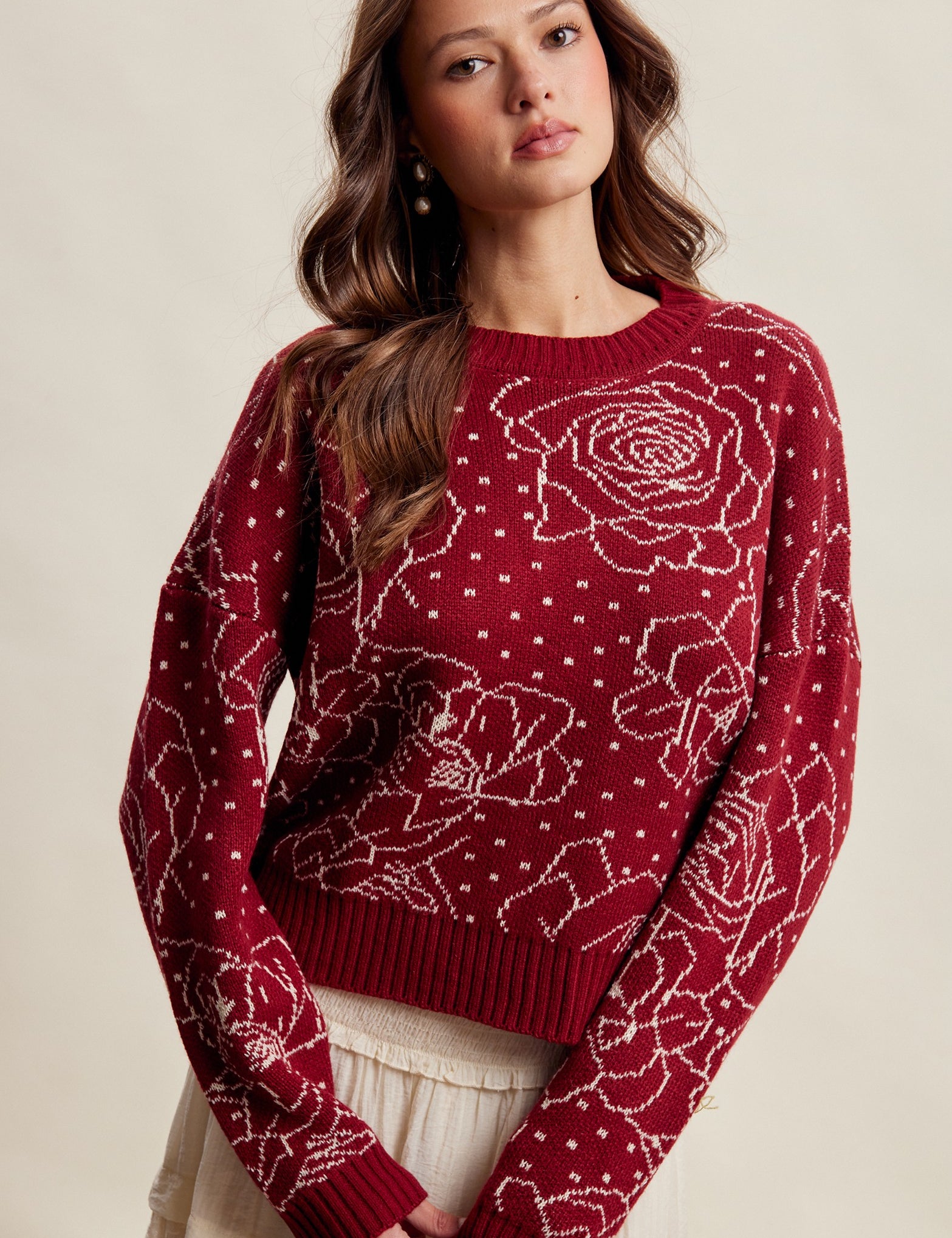 Rosehaven Floral Intarsia Sweater - Ruby