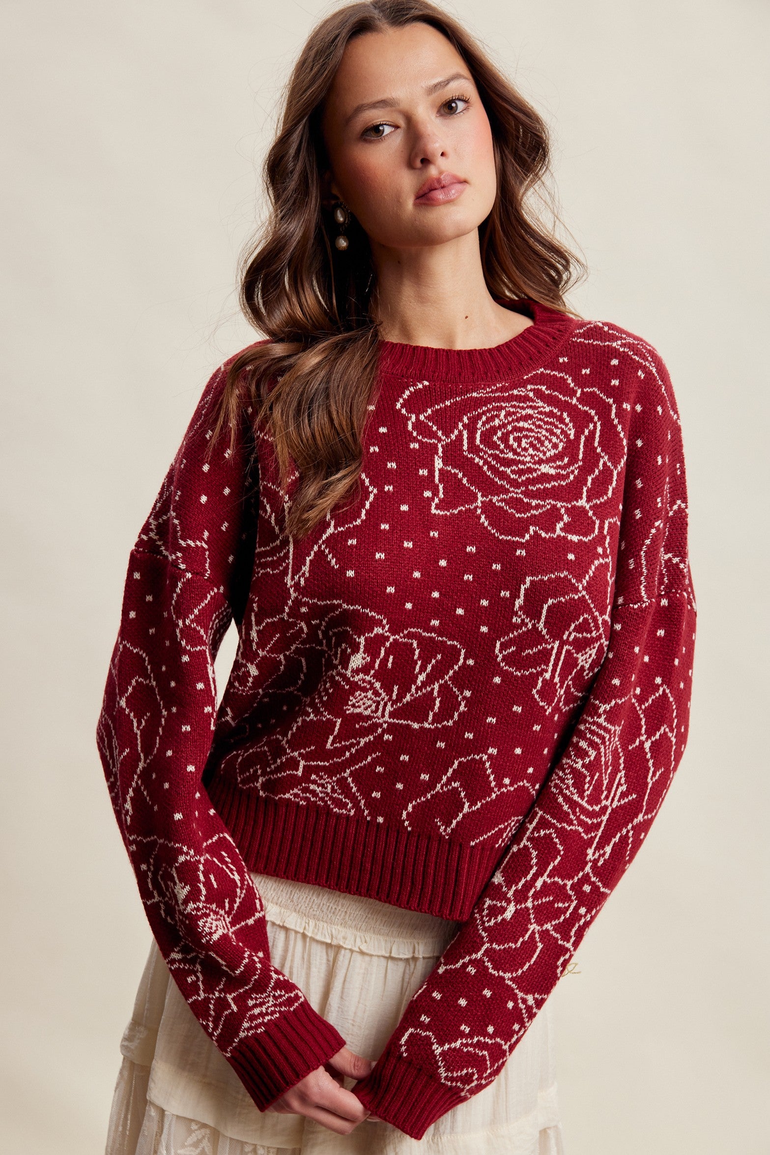 Rosehaven Floral Intarsia Sweater - Ruby