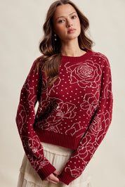 Rosehaven Floral Intarsia Sweater - Ruby