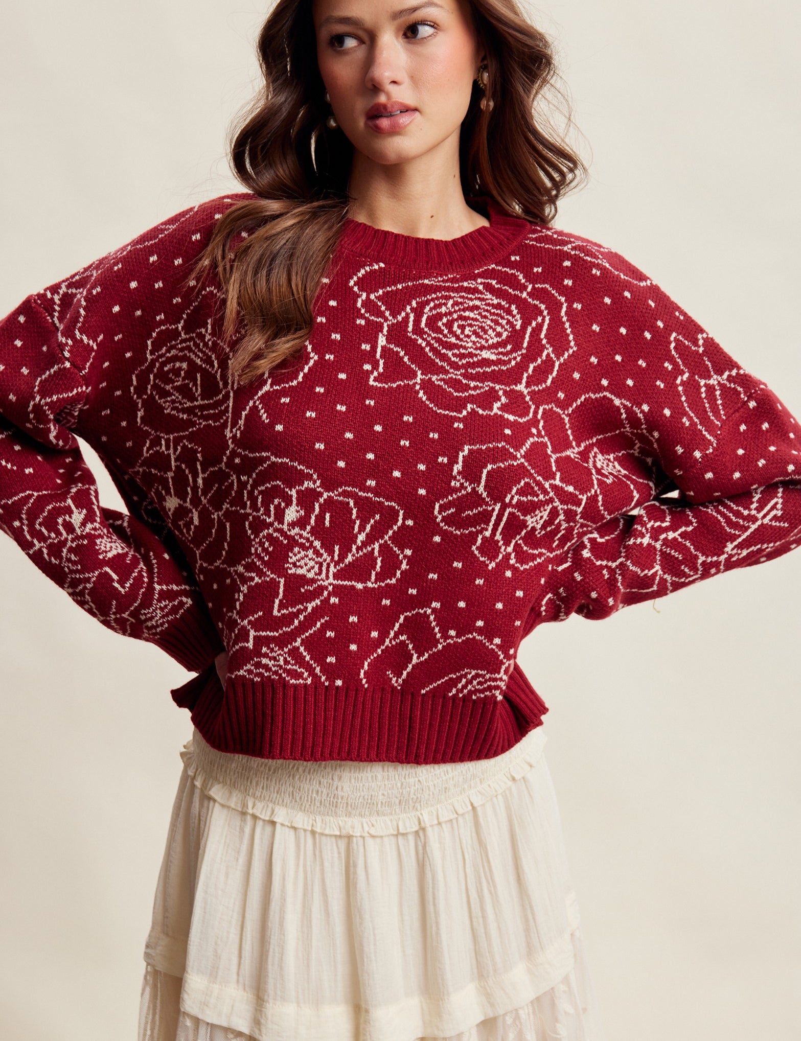 Rosehaven Floral Intarsia Sweater - Ruby