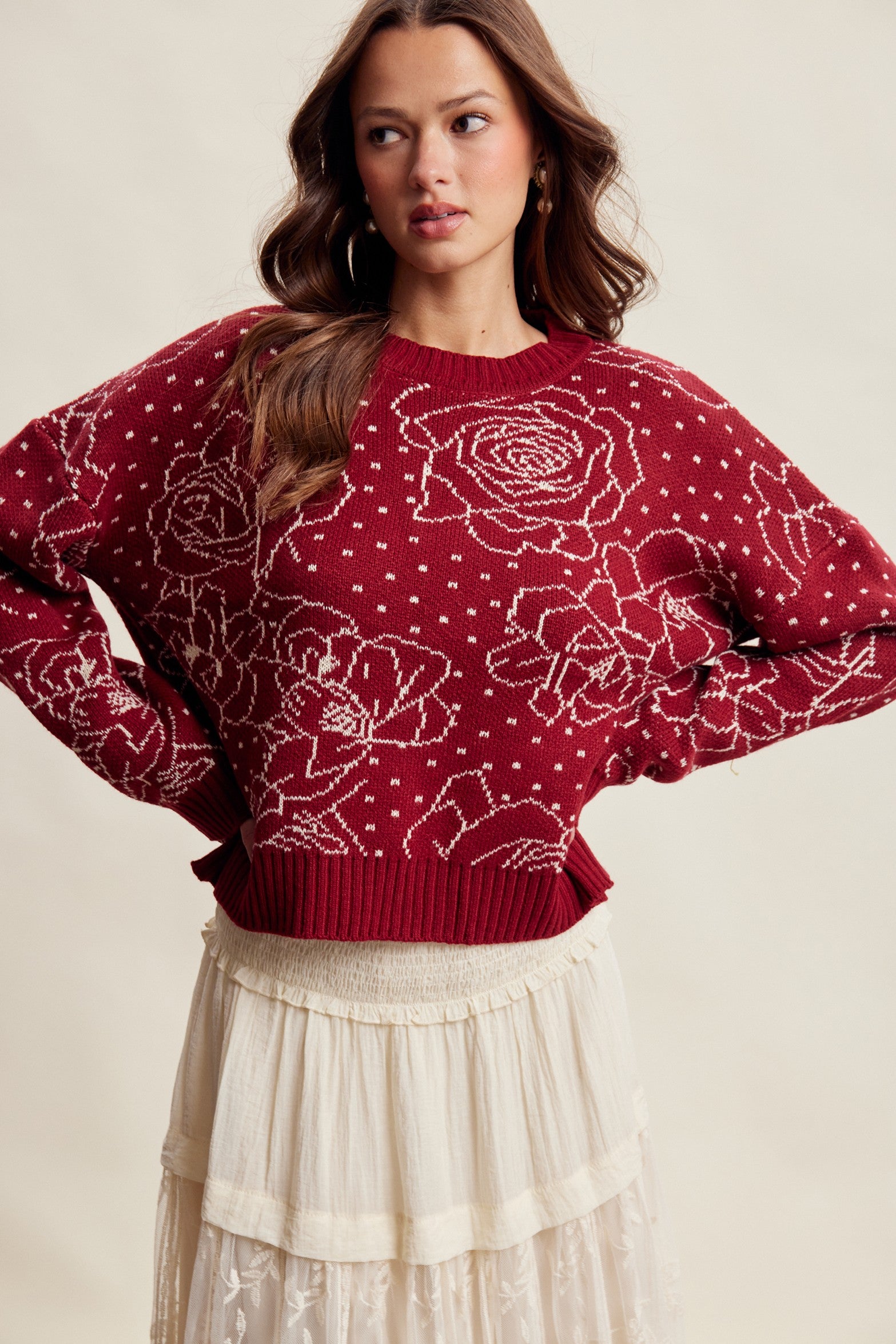 Rosehaven Floral Intarsia Sweater - Ruby