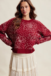 Rosehaven Floral Intarsia Sweater - Ruby