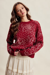 Rosehaven Floral Intarsia Sweater - Ruby