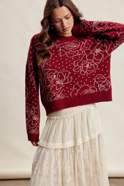Rosehaven Floral Intarsia Sweater - Ruby