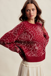 Rosehaven Floral Intarsia Sweater - Ruby