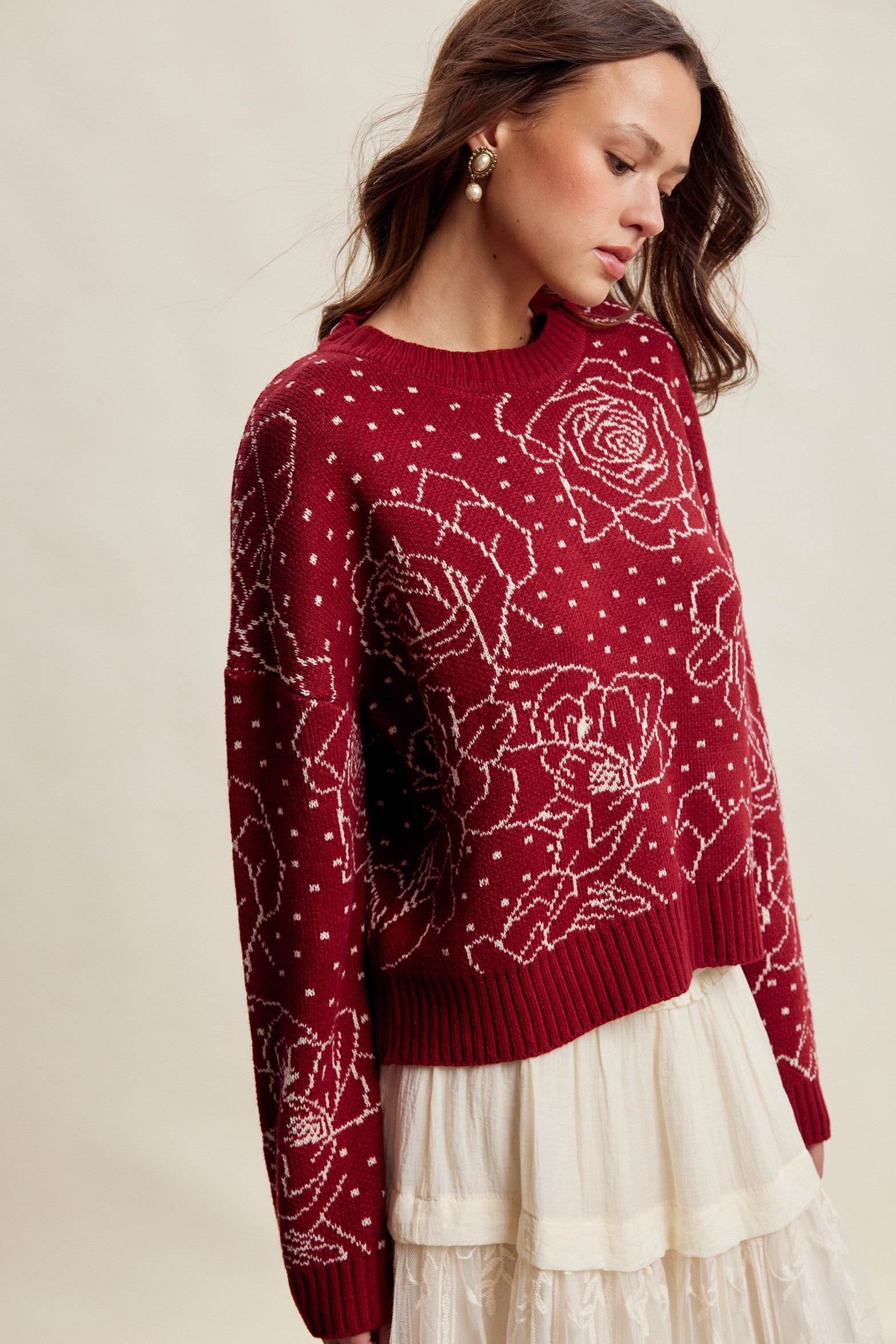 Rosehaven Floral Intarsia Sweater - Ruby