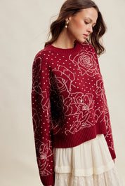 Rosehaven Floral Intarsia Sweater - Ruby