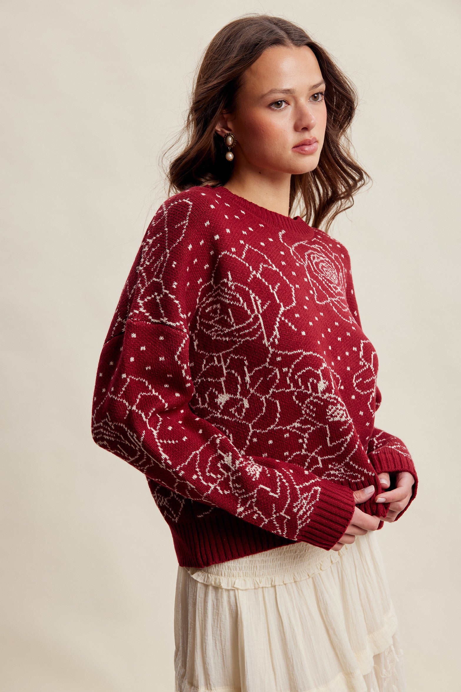 Rosehaven Floral Intarsia Sweater - Ruby