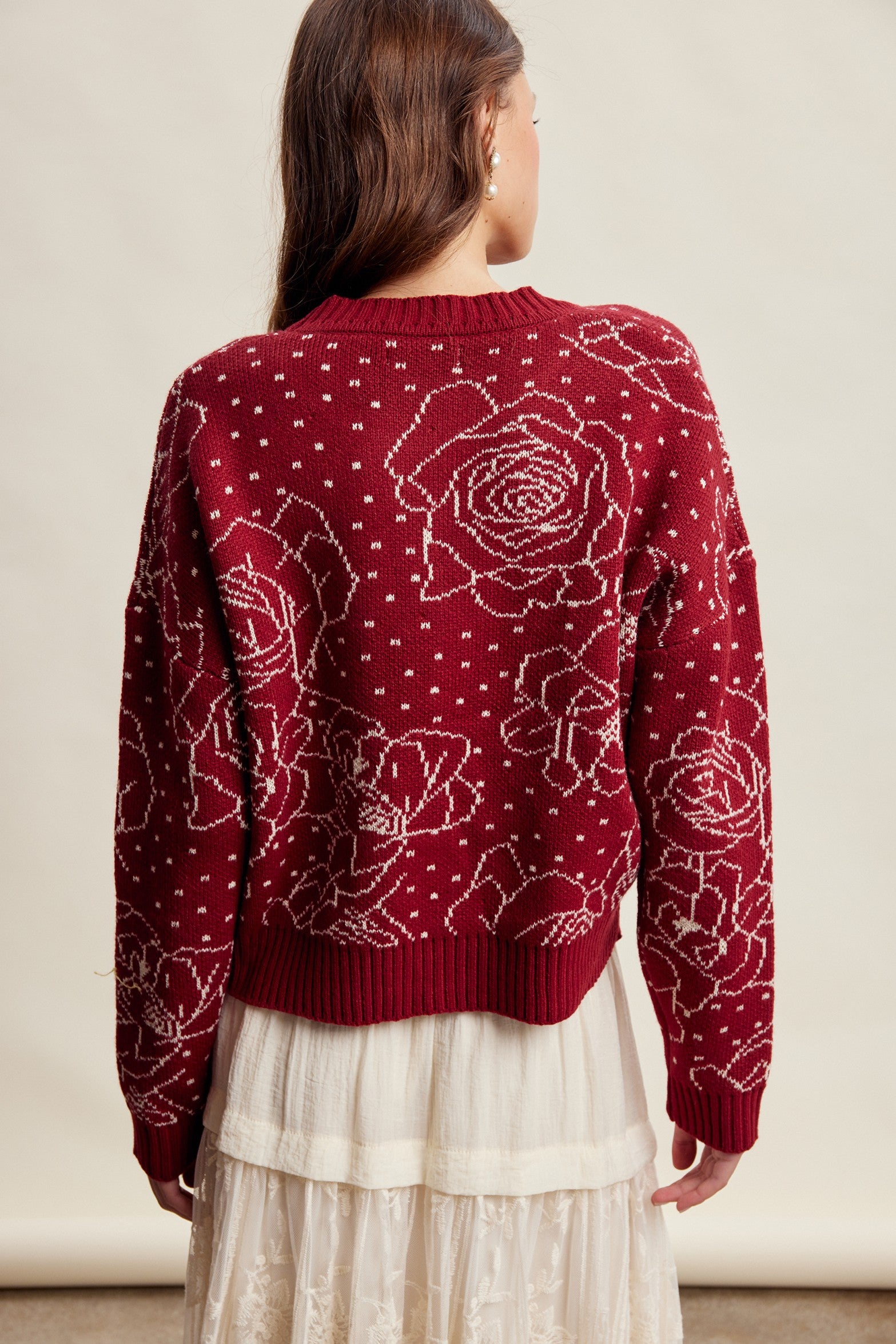 Rosehaven Floral Intarsia Sweater - Ruby