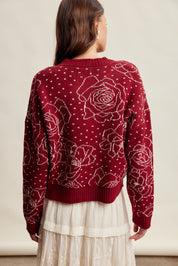 Rosehaven Floral Intarsia Sweater - Ruby