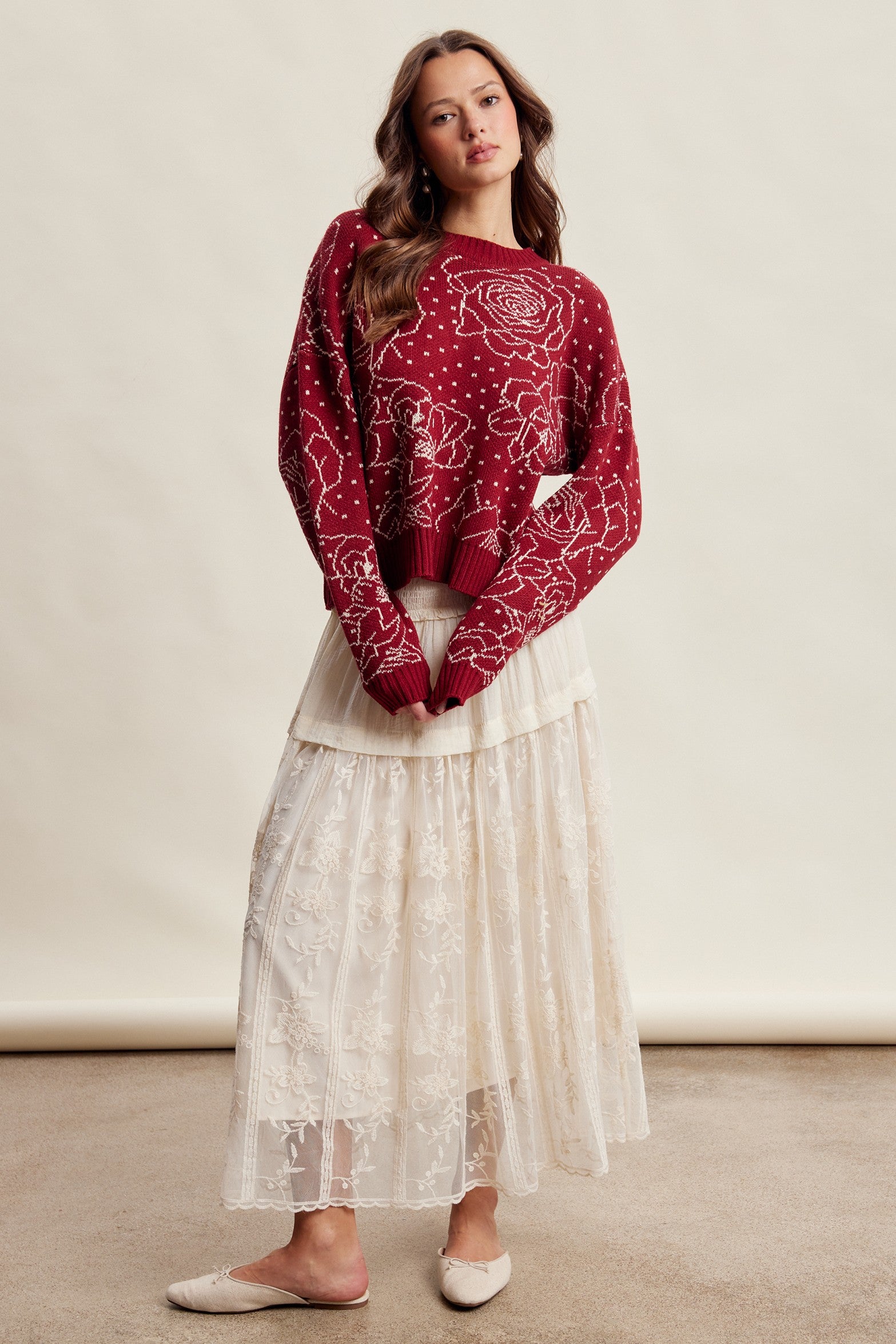 Rosehaven Floral Intarsia Sweater - Ruby