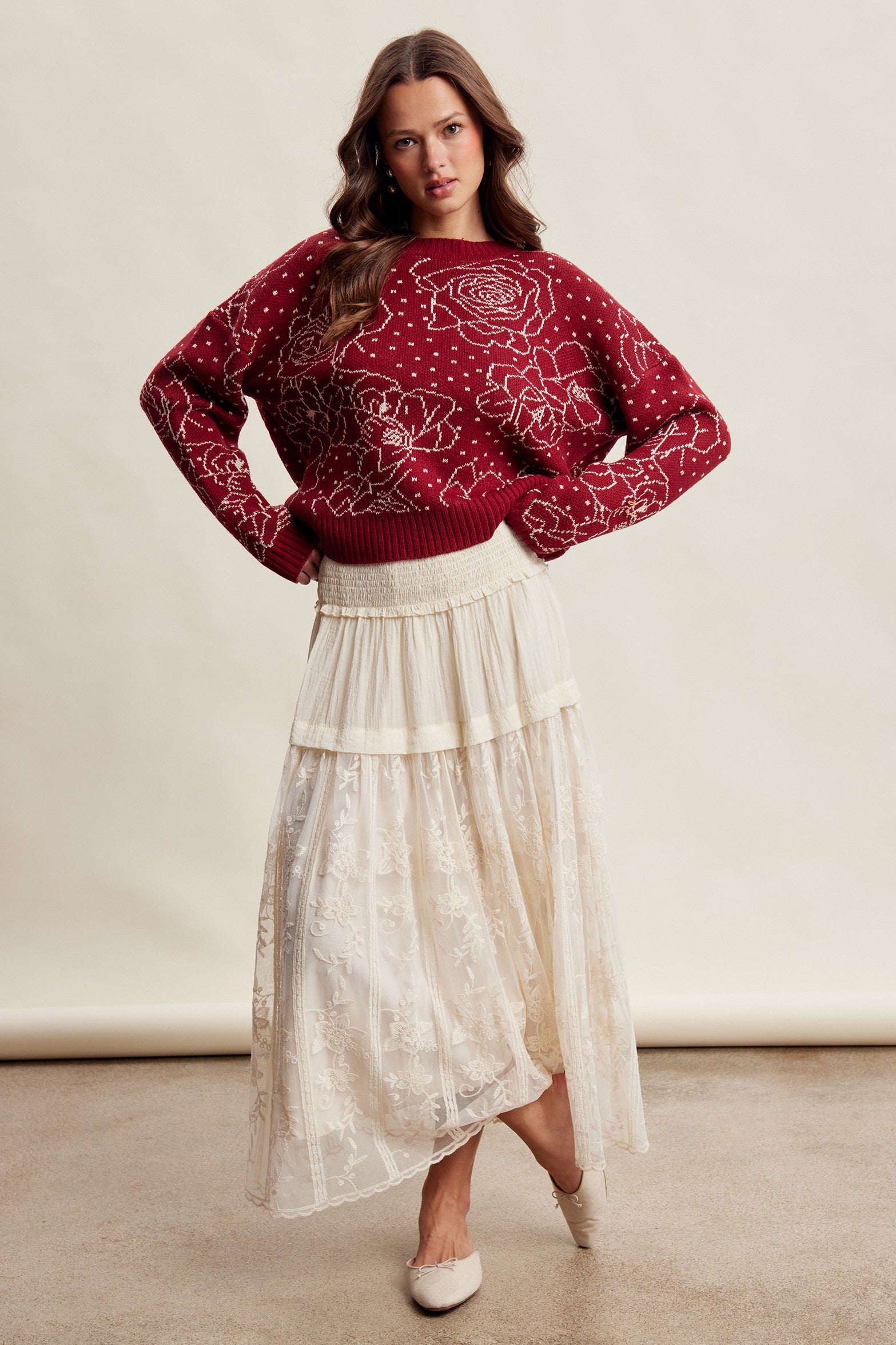 Rosehaven Floral Intarsia Sweater - Ruby