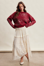 Rosehaven Floral Intarsia Sweater - Ruby