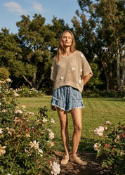 Rosie Floral Patch Rolling Edge Crochet Sweater - Westly